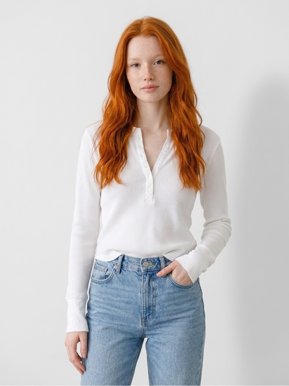 TNA White Waffle-Knit Henley Long-Sleeve Top